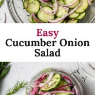 Cucumbers and onions, text overlay reads "easy cucumber onion salad."