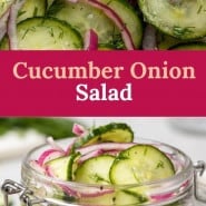 Cucumbers and onions, text overlay reads "cucumber onion salad."