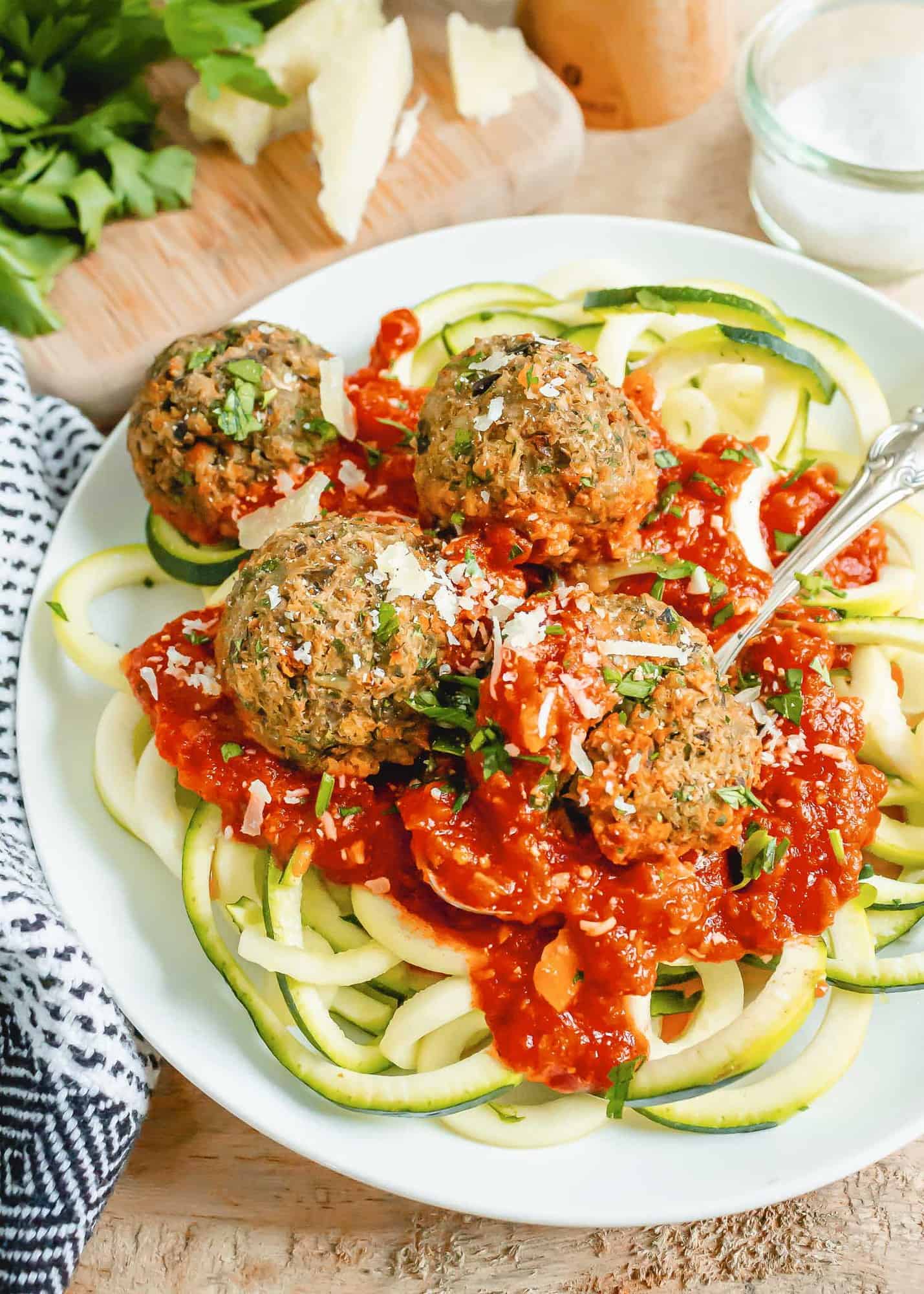 Zucchini noodles, meatballs, and tomato sauce.