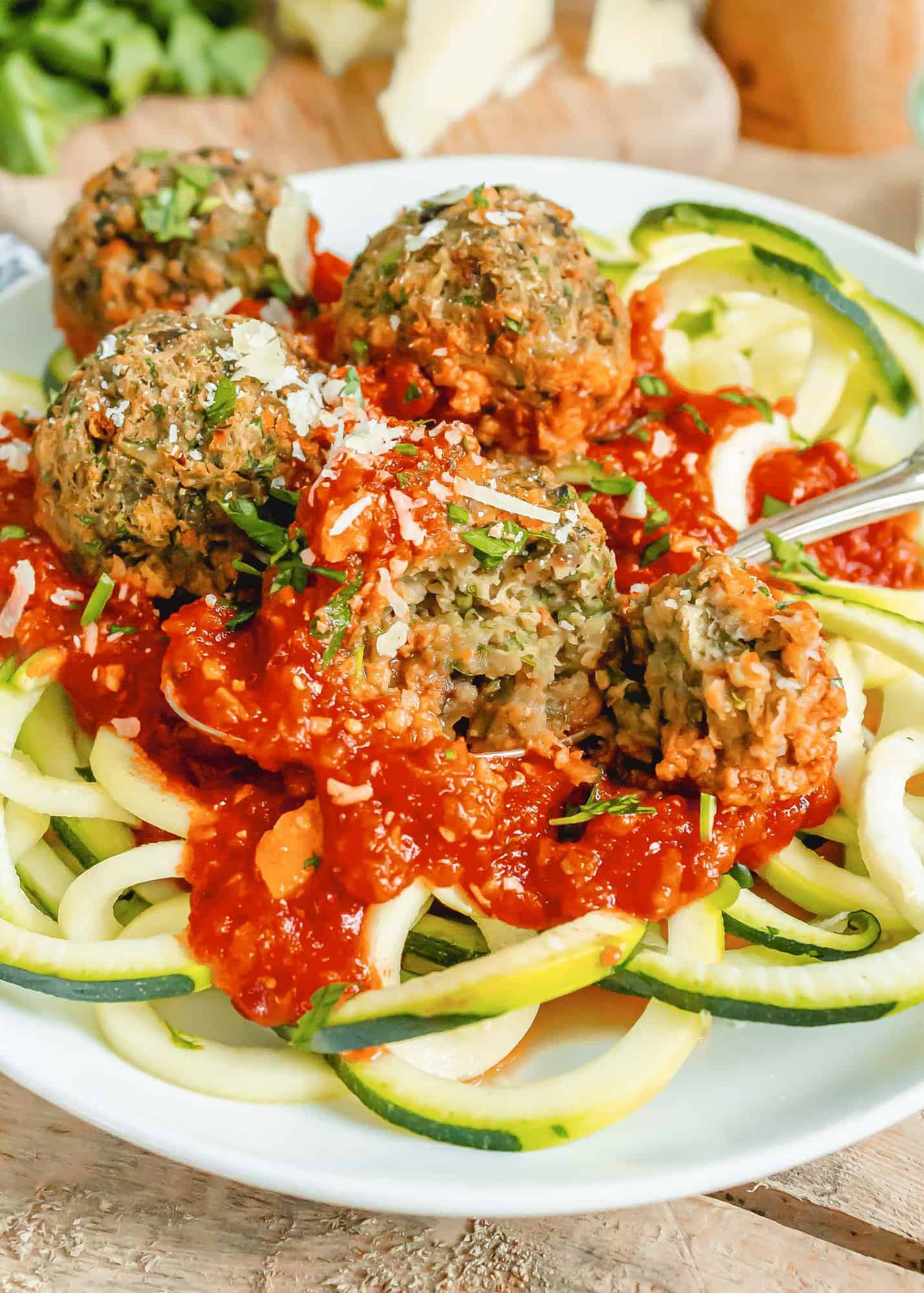 Vegetarian meatball cut open to show texture.