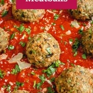 Meatballs and sauce, text overlay reads "eggplant meatballs."