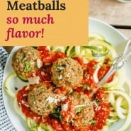 Meatballs and sauce, text overlay reads "eggplant meatballs - so much flavor!"