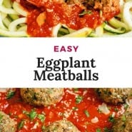 Meatballs and sauce, text overlay reads "easy eggplant meatballs."