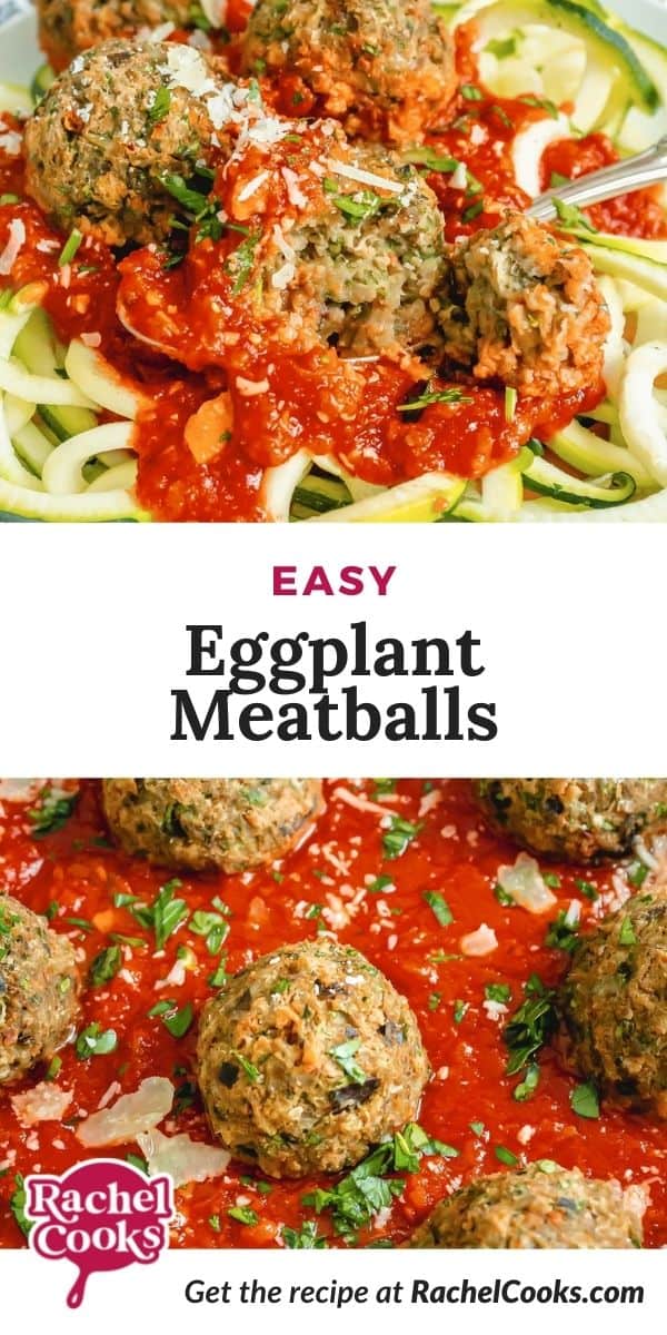 Meatballs and sauce, text overlay reads "easy eggplant meatballs."