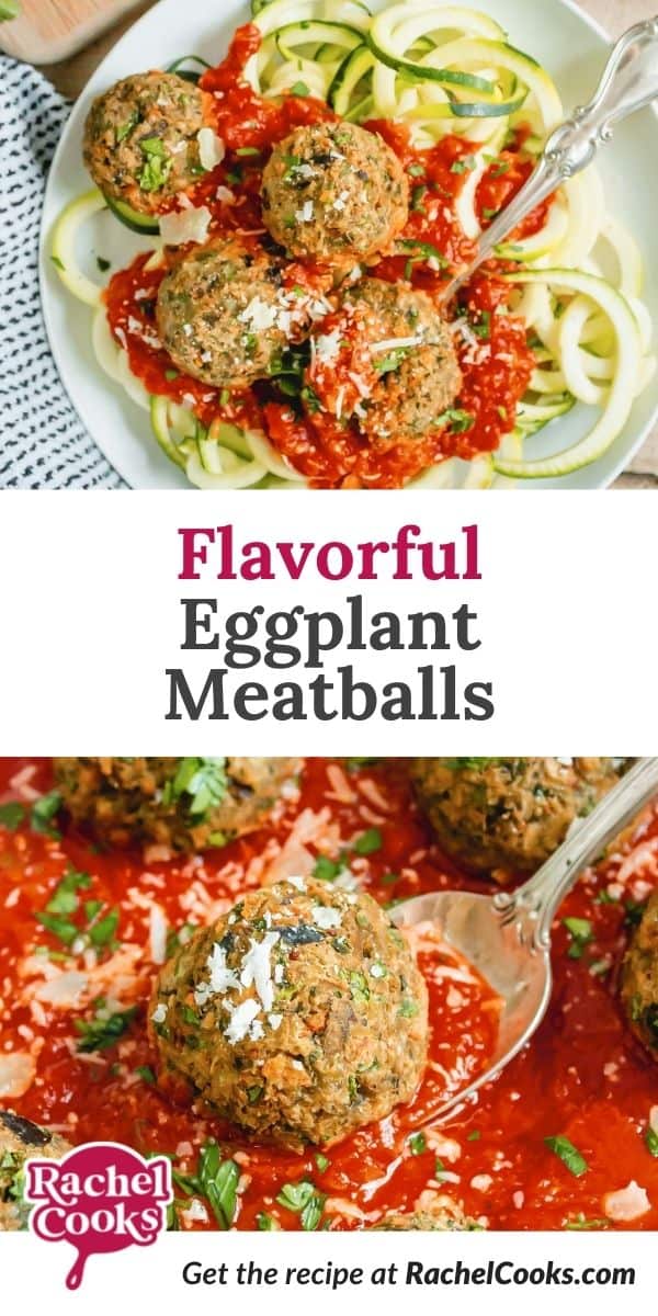 Meatballs and sauce, text overlay reads "flavorful eggplant meatballs."