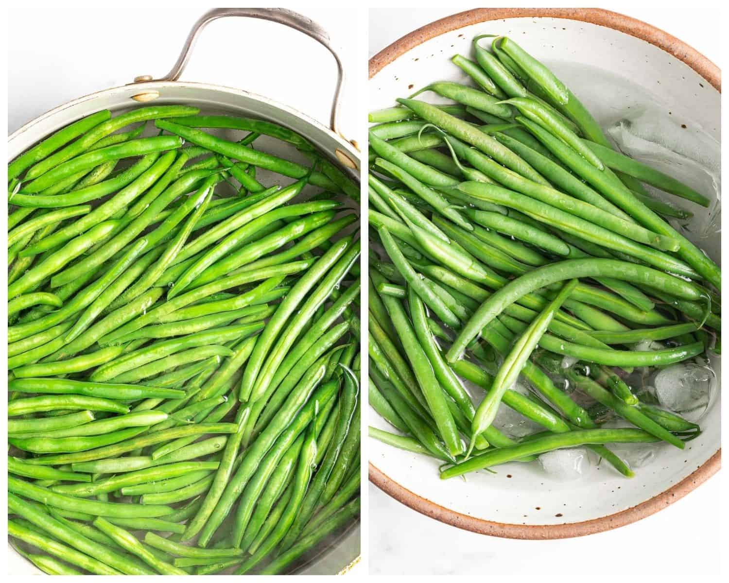 Side-by-side images showing green beans in water and then in an ice bath.