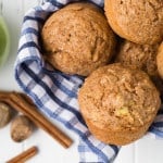 Overhead view of muffins in a basket with blue and white linen.