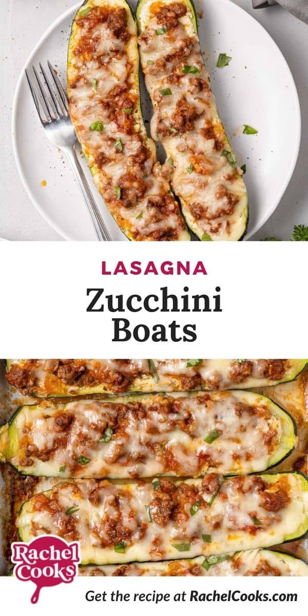 Zucchini with spaghetti sauce, text overlay reads "lasagna zucchini boats."