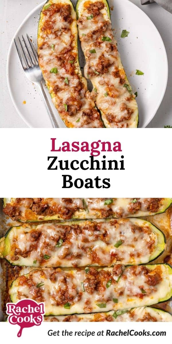 Zucchini with spaghetti sauce, text overlay reads "lasagna zucchini boats."