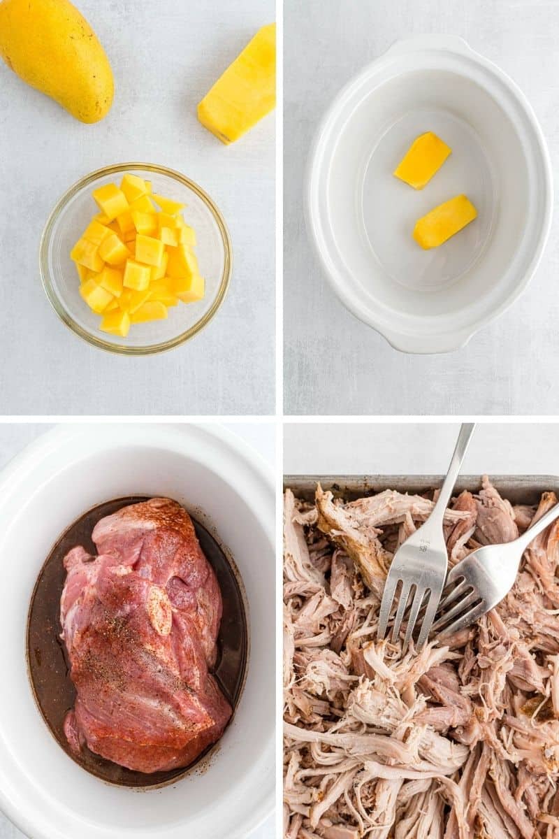 Four images showing how to cook pork in slow cooker.