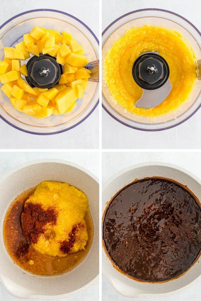 Four images showing how to make mango barbecue sauce.