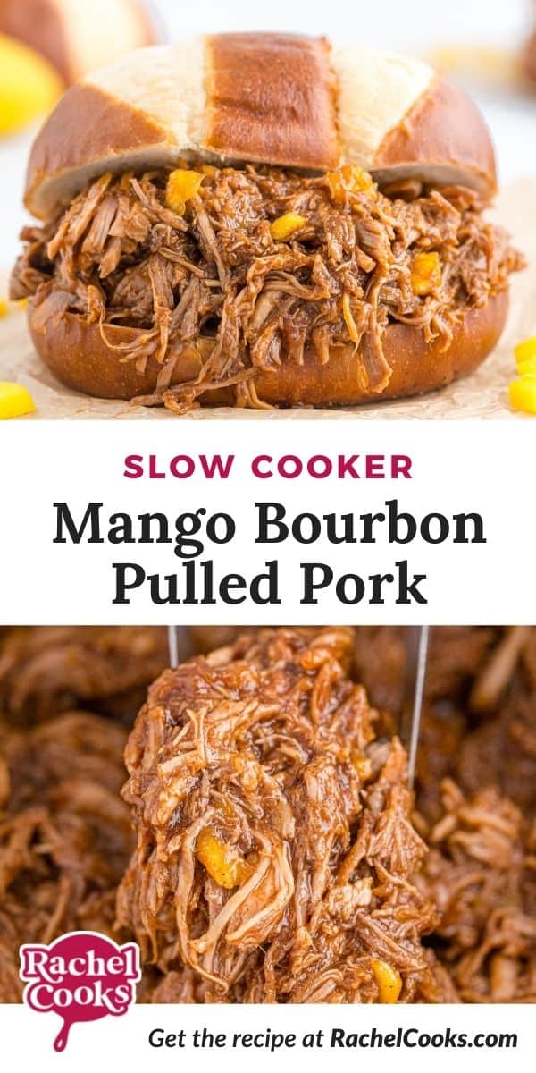 Pulled pork with text overlay that reads "slow cooker mango bourbon pulled pork."