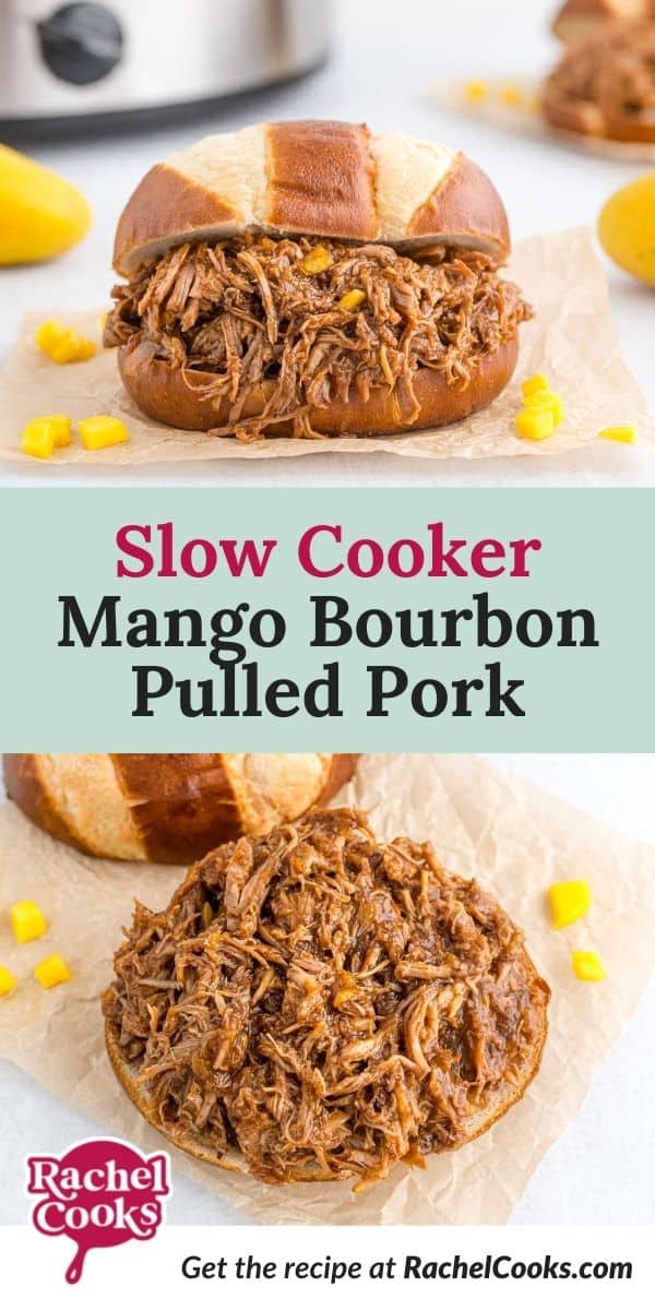 Pulled pork with text overlay that reads "slow cooker mango bourbon pulled pork."