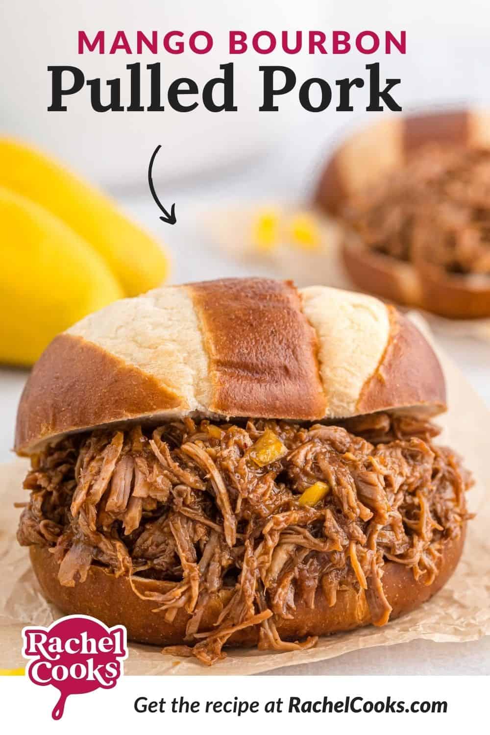 Pulled pork with text overlay that reads "mango bourbon pulled pork."