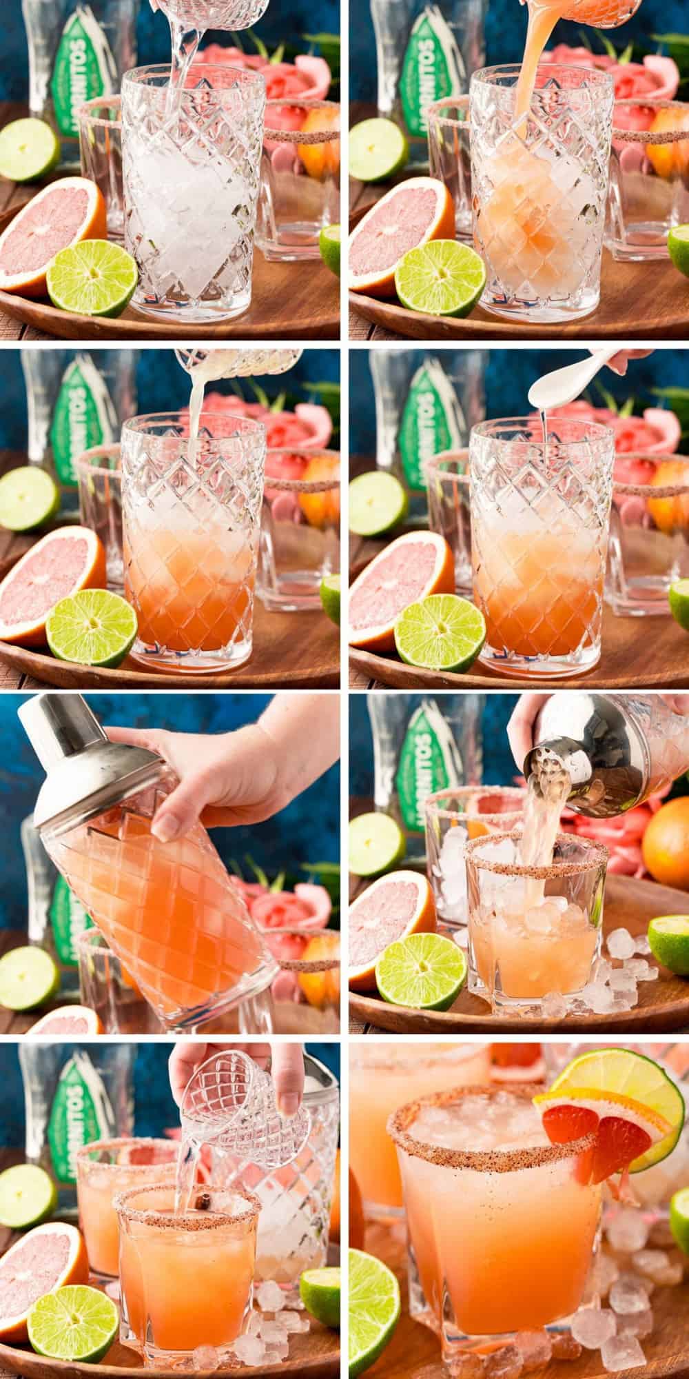 8 images of steps of making a paloma cocktail.