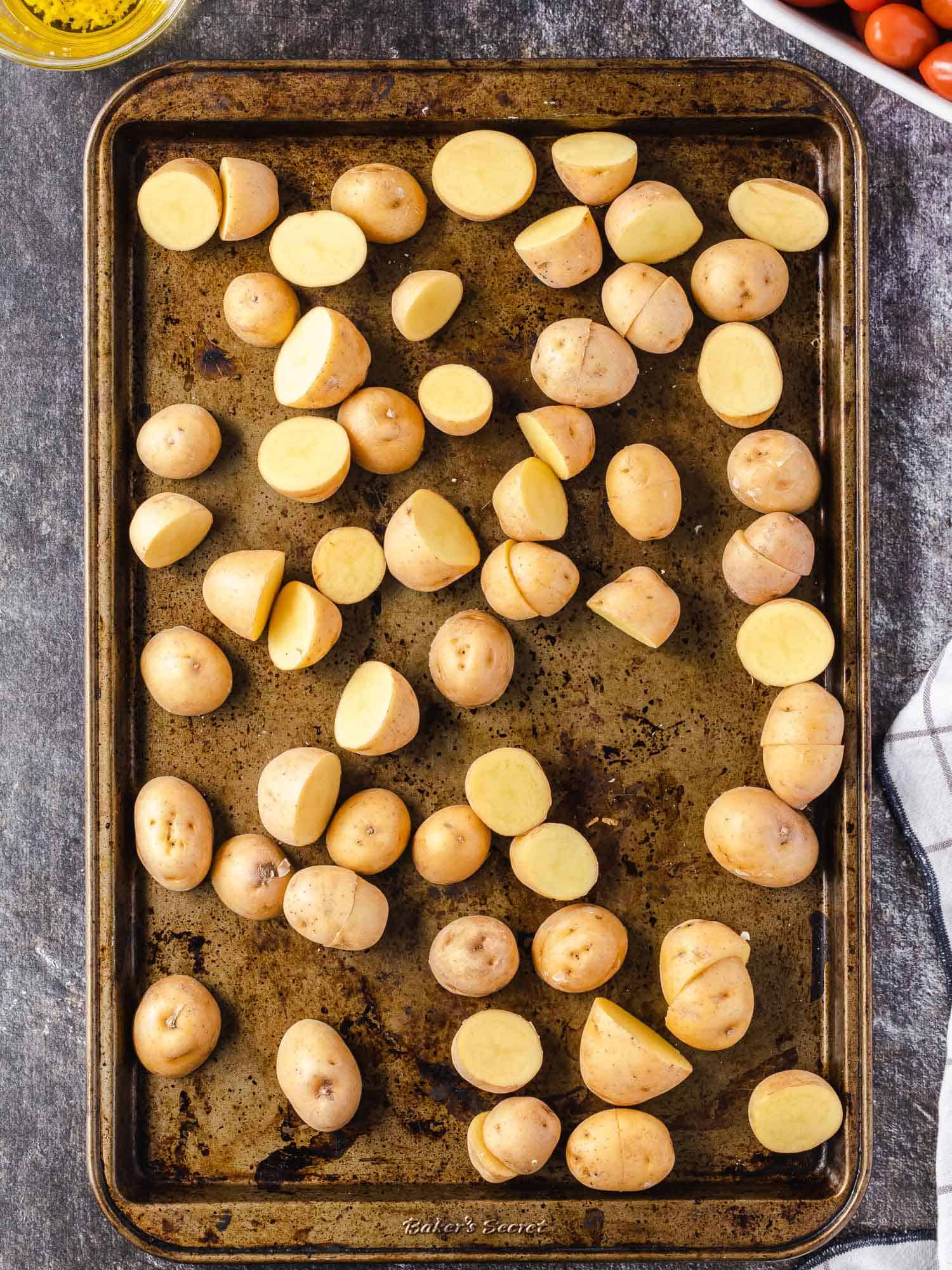 Potatoes on a sheet pan.