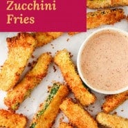 Vegetables fries with text overlay that reads "air fryer zucchini fries."