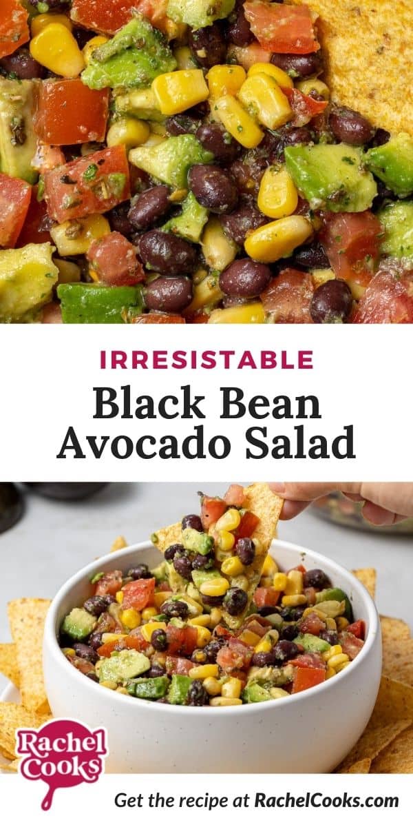 Salad, text overlay reads "irresistible avocado black bean salad."