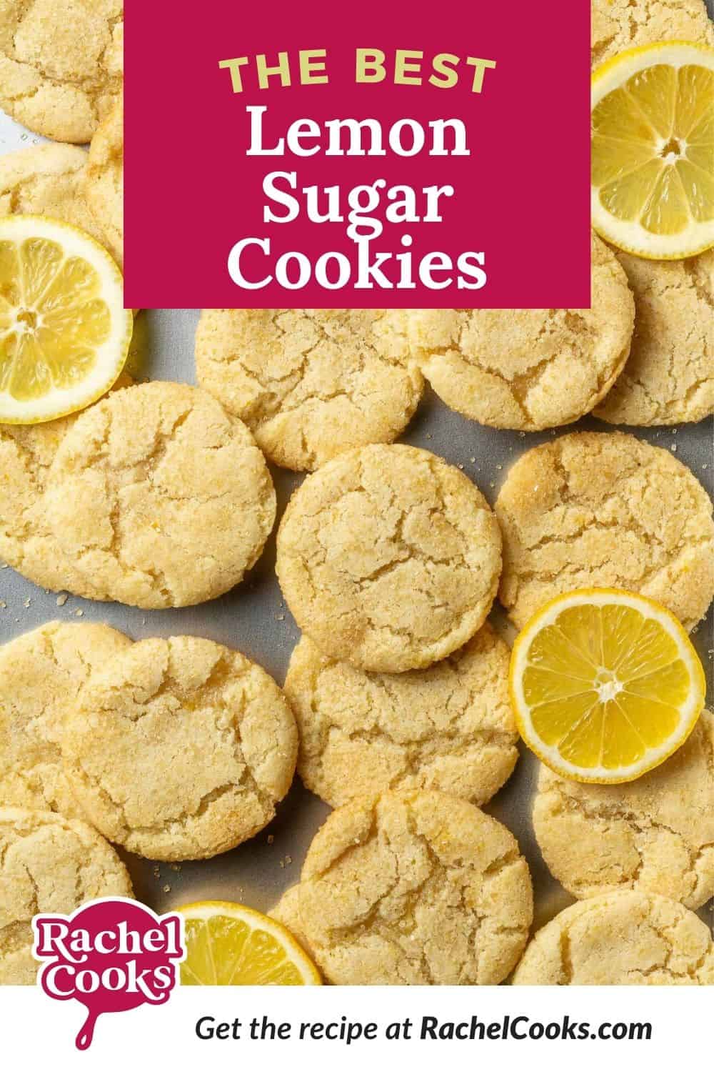 Lemon cookies with text overlay that reads "perfect lemon sugar cookies."