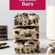 Cookie bars stacked on one another, text overlay reads "oreo cookie bars."