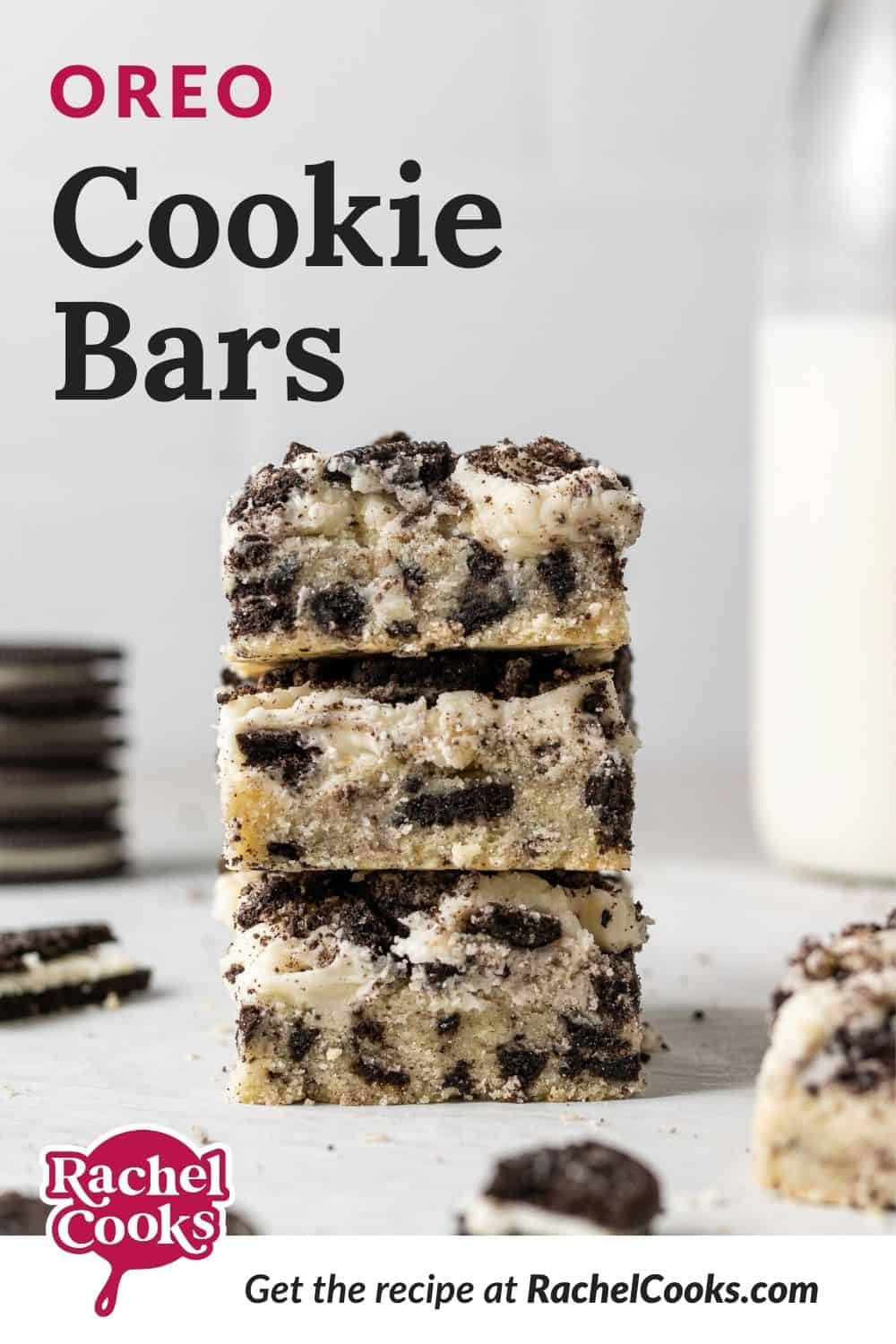 Cookie bars stacked on one another, text overlay reads "oreo cookie bars."