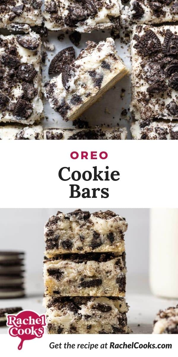 Cookie bars stacked on one another, text overlay reads "oreo cookie bars."