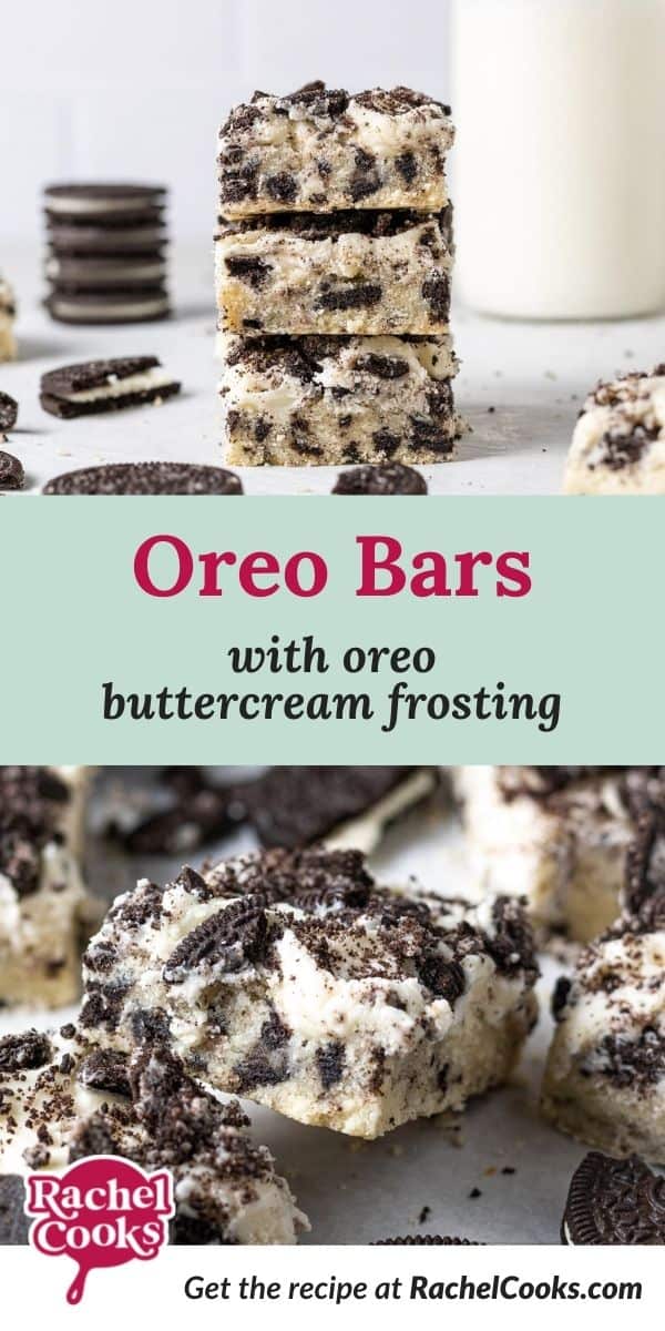 Cookie bars stacked on one another, text overlay reads "oreo cookie bars."