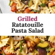 Pasta salad with a text overlay that reads "grilled ratatouille pasta salad."