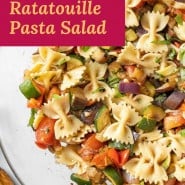 Pasta salad with a text overlay that reads "grilled ratatouille pasta salad."