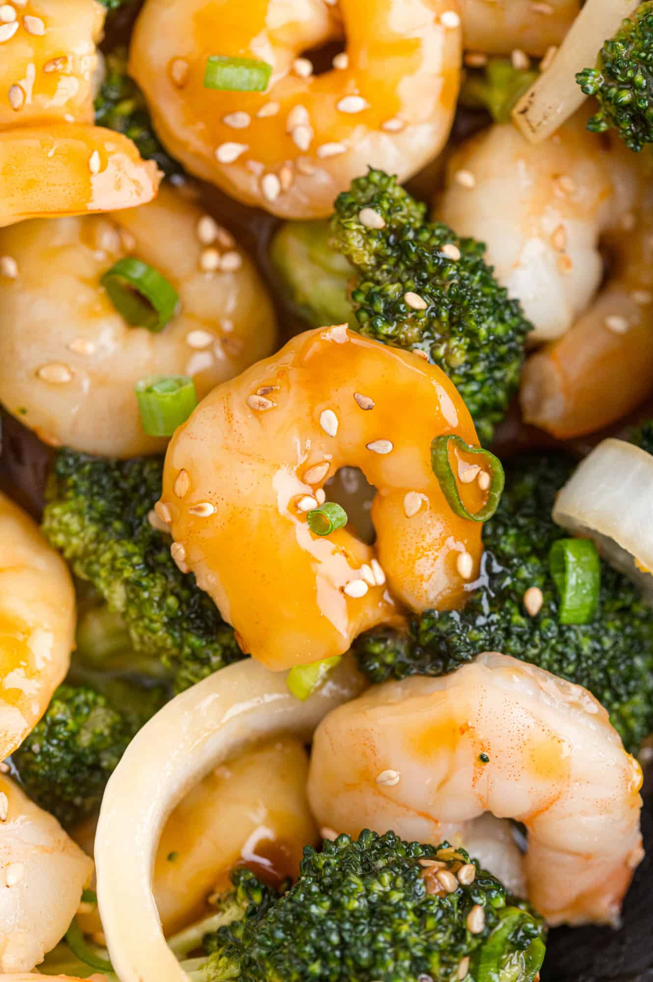 Close up of shrimp and broccoli stir-fried with a brown sauce, topped with sesame.