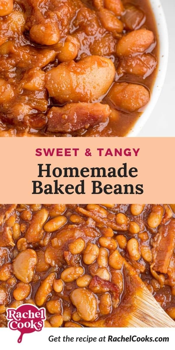 Beans in a bowl, text overlay reads "the best baked beans."