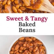 Beans in a bowl, text overlay reads "the best baked beans."