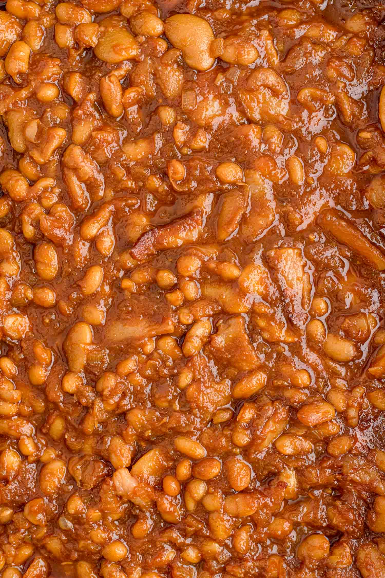 Overhead view of baked beans filling image.