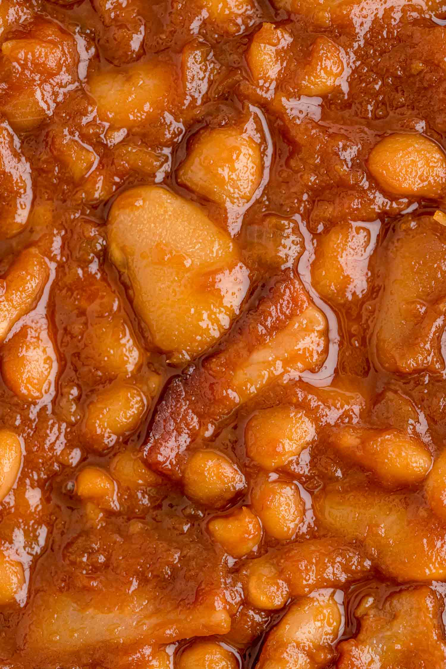 Very close up view of baked great northern and butter beans.