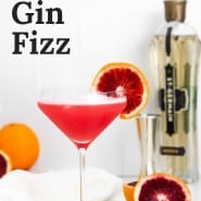 Bright red cocktail, text overlay reads "blood orange gin fizz."