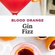 Bright red cocktail, text overlay reads "blood orange gin fizz."