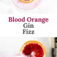 Bright red cocktail, text overlay reads "blood orange gin fizz."