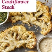 Cauliflower on a sheet pan, text overlay reads "how to make cauliflower steak."