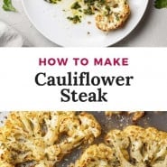 Cauliflower on a sheet pan, text overlay reads "how to make cauliflower steak."