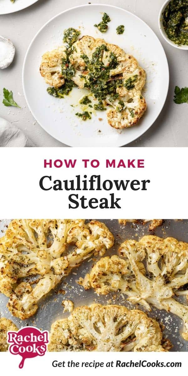 Cauliflower on a sheet pan, text overlay reads "how to make cauliflower steak."
