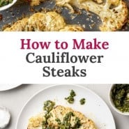 Cauliflower on a sheet pan, text overlay reads "how to make cauliflower steak."