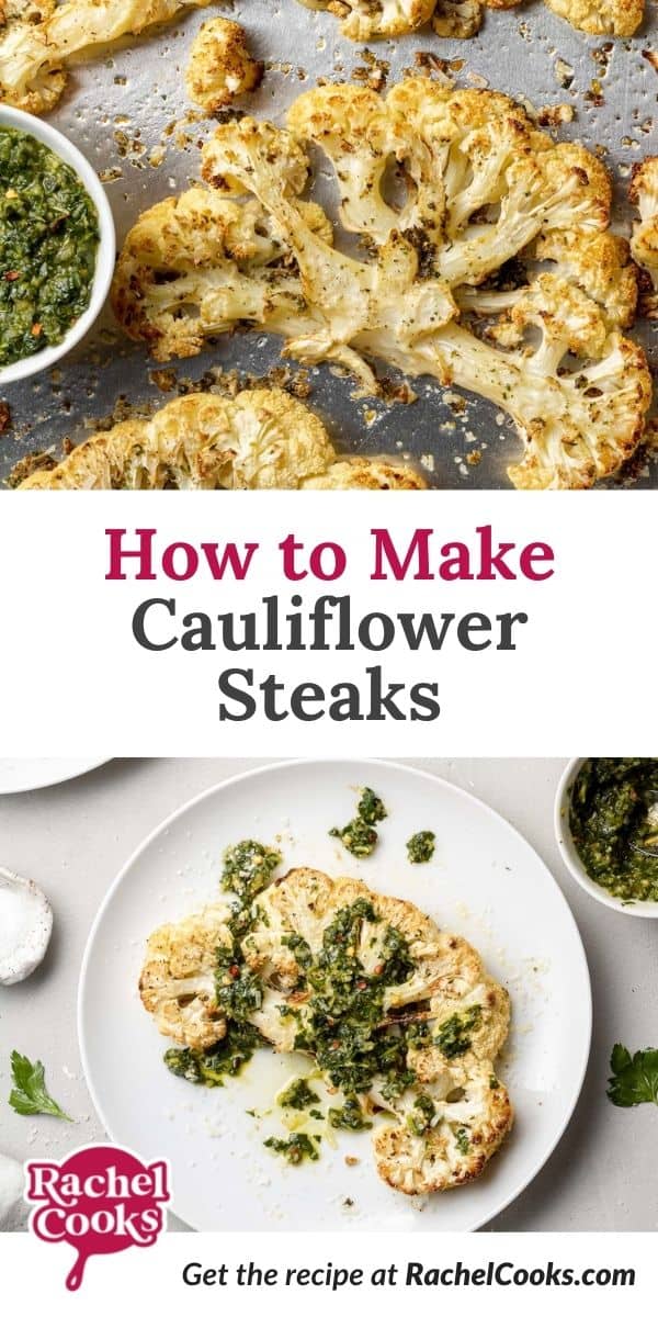 Cauliflower on a sheet pan, text overlay reads "how to make cauliflower steak."