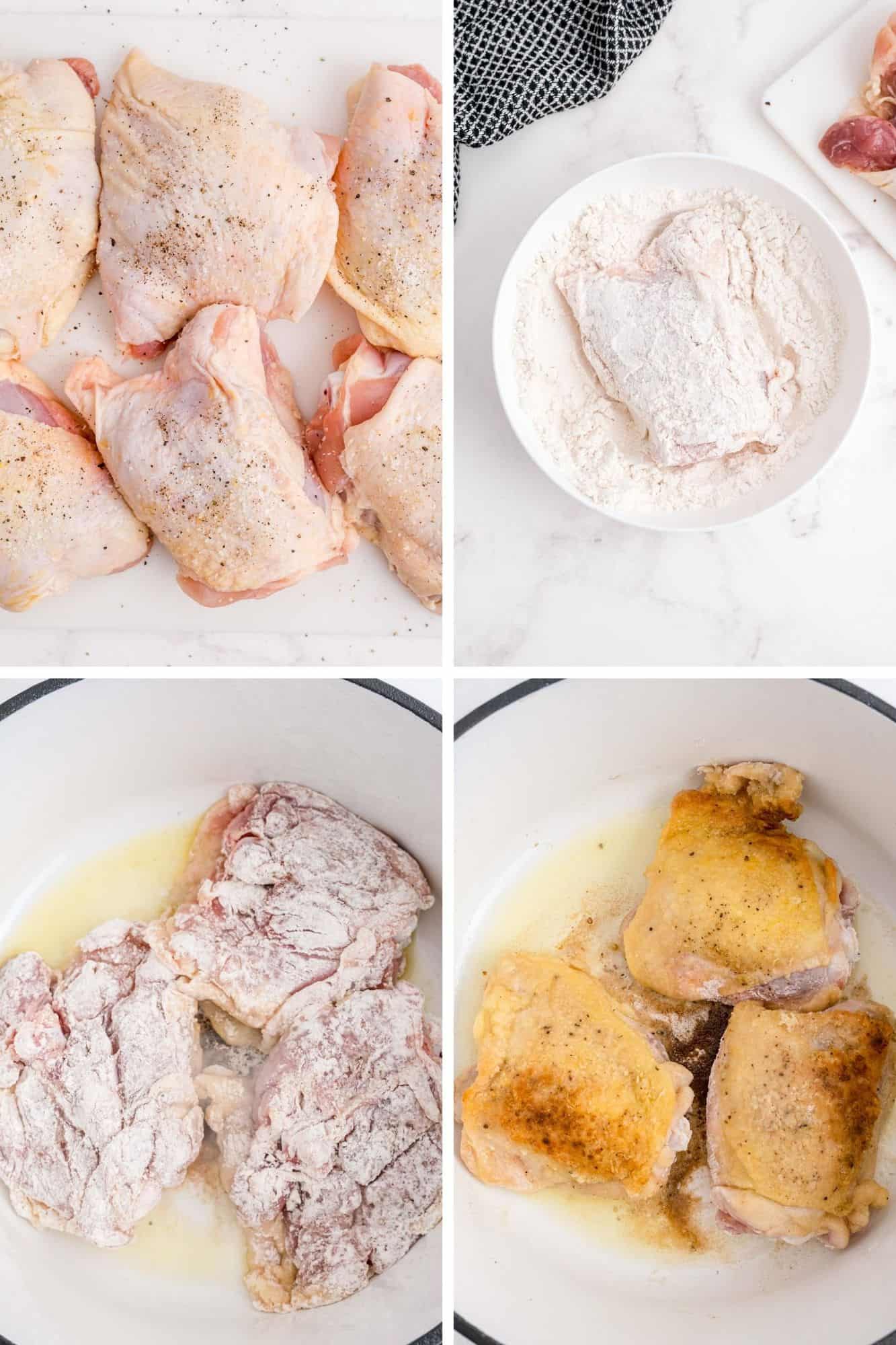 4 images showing how to brown chicken thighs for chicken cacciatore.