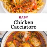 Chicken with tomato sauce, text overlay reads "easy chicken cacciatore."