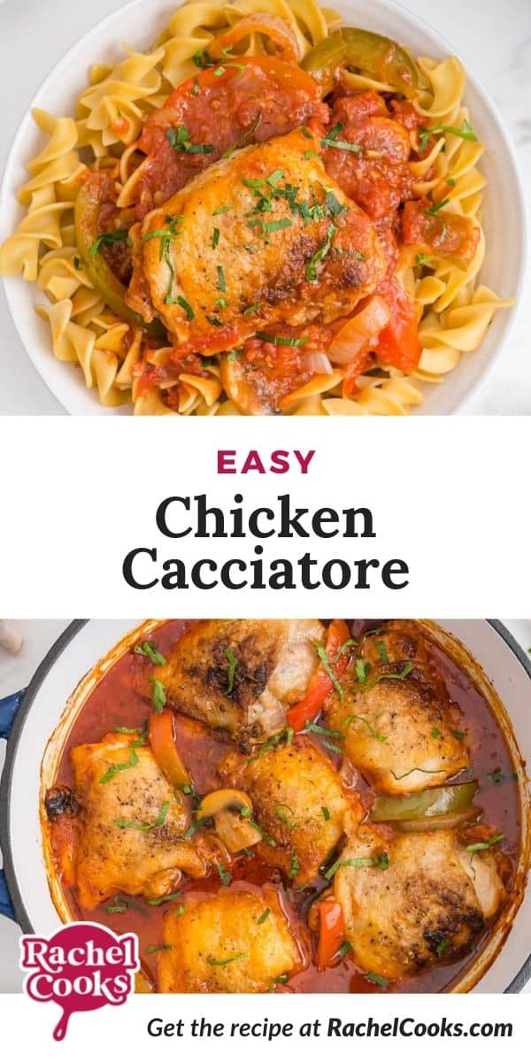 Chicken with tomato sauce, text overlay reads "easy chicken cacciatore."