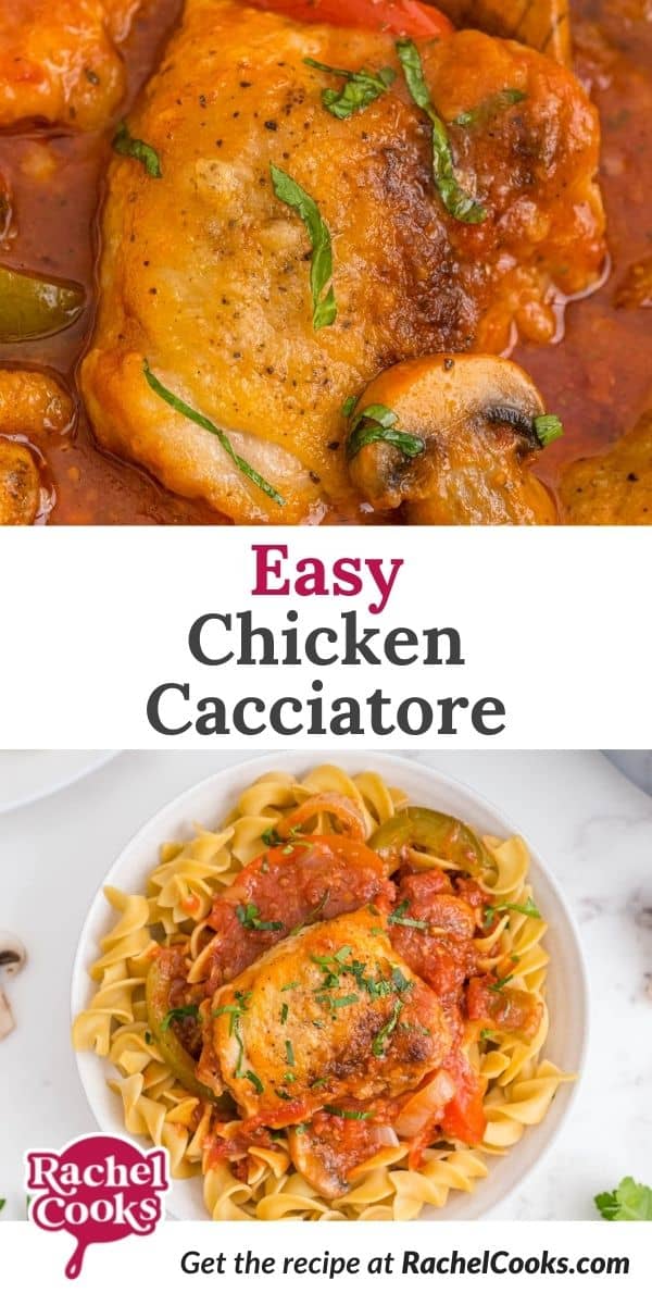 Chicken with tomato sauce, text overlay reads "easy chicken cacciatore."