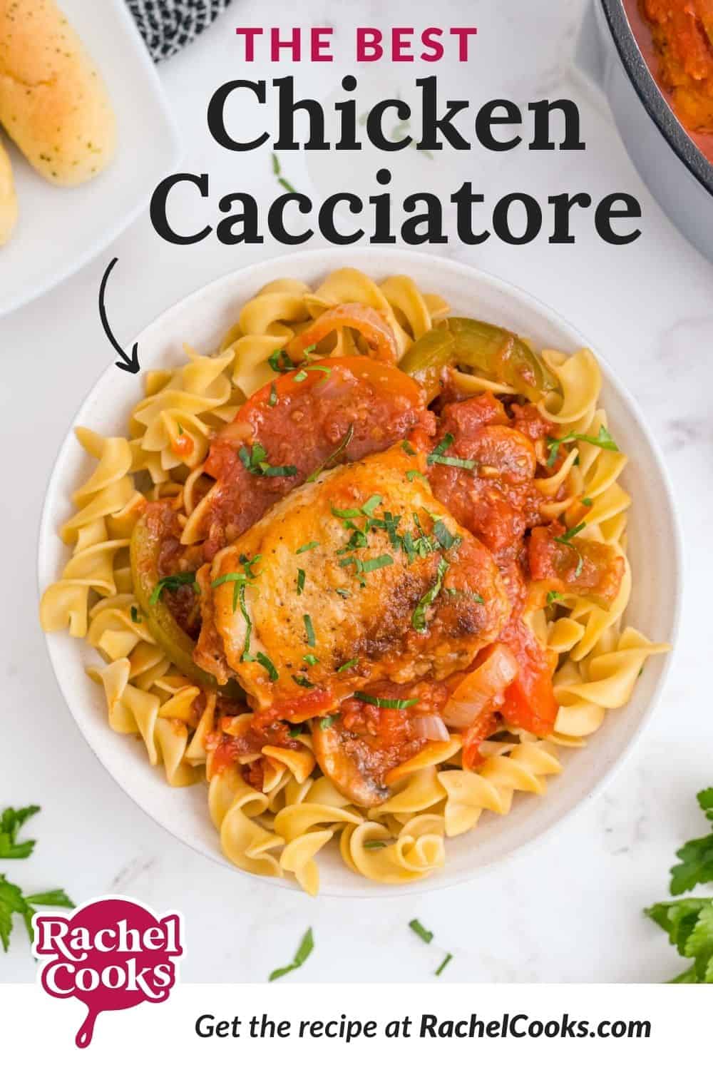 Chicken with tomato sauce, text overlay reads "the best chicken cacciatore."