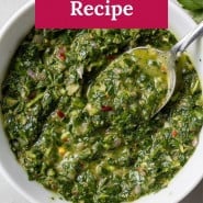 Green sauce, text overlay reads "homemade chimichurri recipe/"