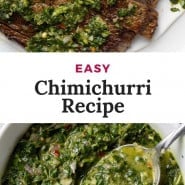 Green sauce, text overlay reads "easy chimichurri recipe/"