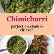 Green sauce, text overlay reads "chimichurri, perfect on steak and chicken"